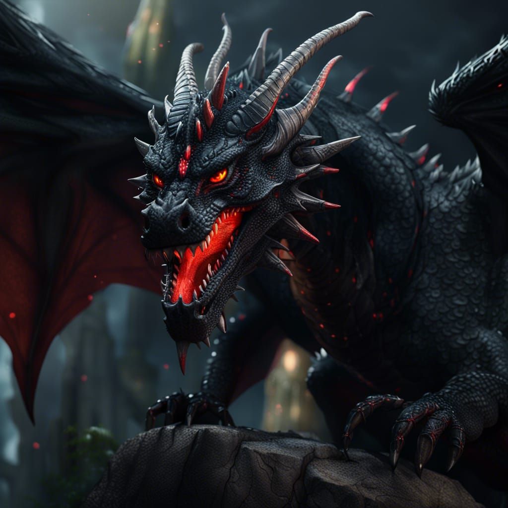 Ferocious Black Dragon in Detailed Matte Painting