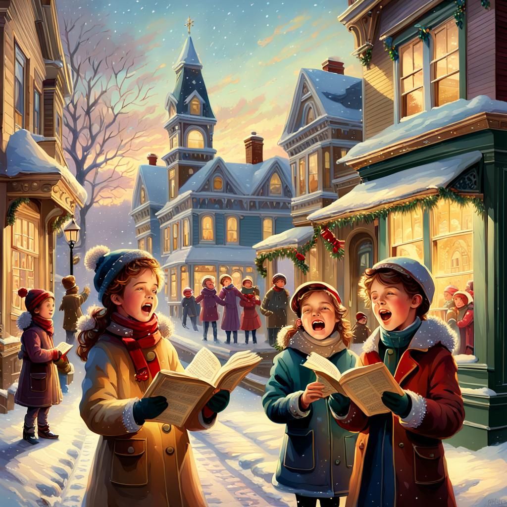 Victorian Christmas Carolers in Snowy Street