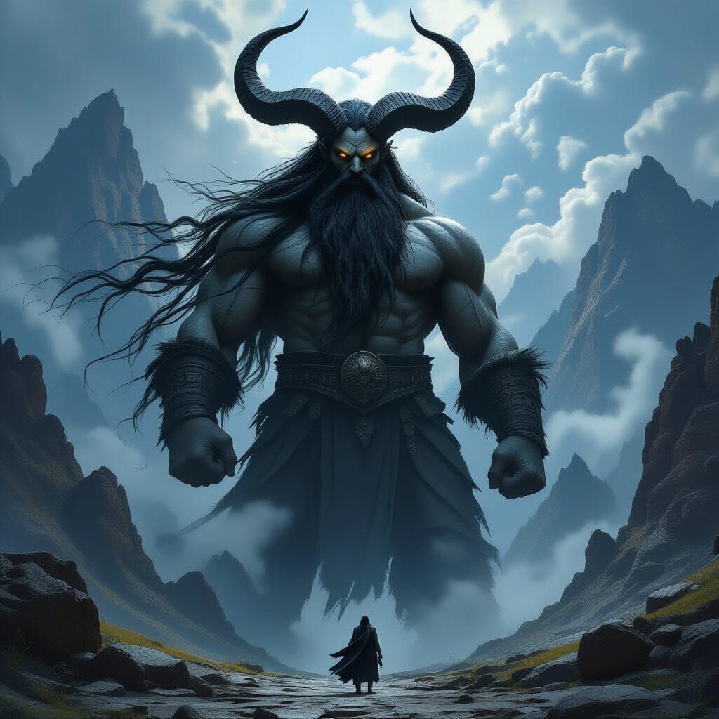 Ancient Giant with Horns in Epic Mountain Landscape