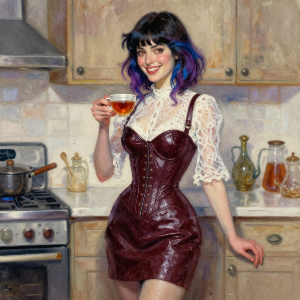 Woman Offering Tea in Gouache Style Masterpiece