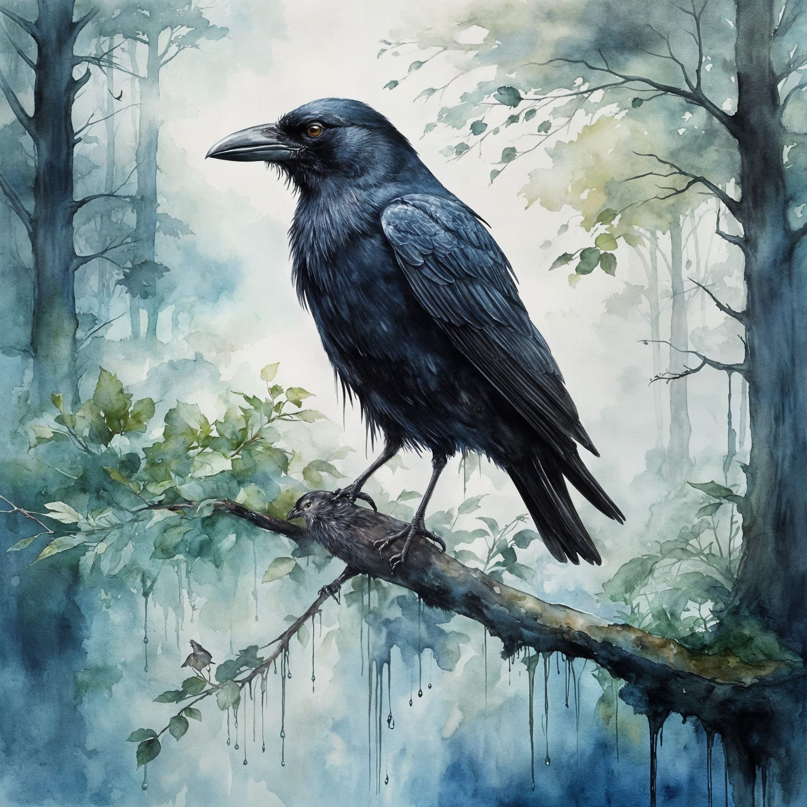 Crow Perched on Branch in Dripping Watercolor