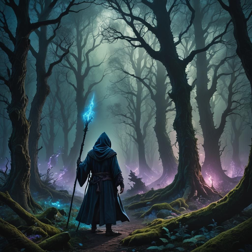 Mystical Mage in Dark Fantasy Forest at Night