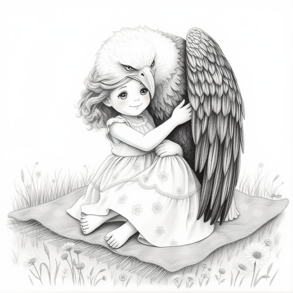 A pencil drawing of a little girl being hugged by a bald eag...