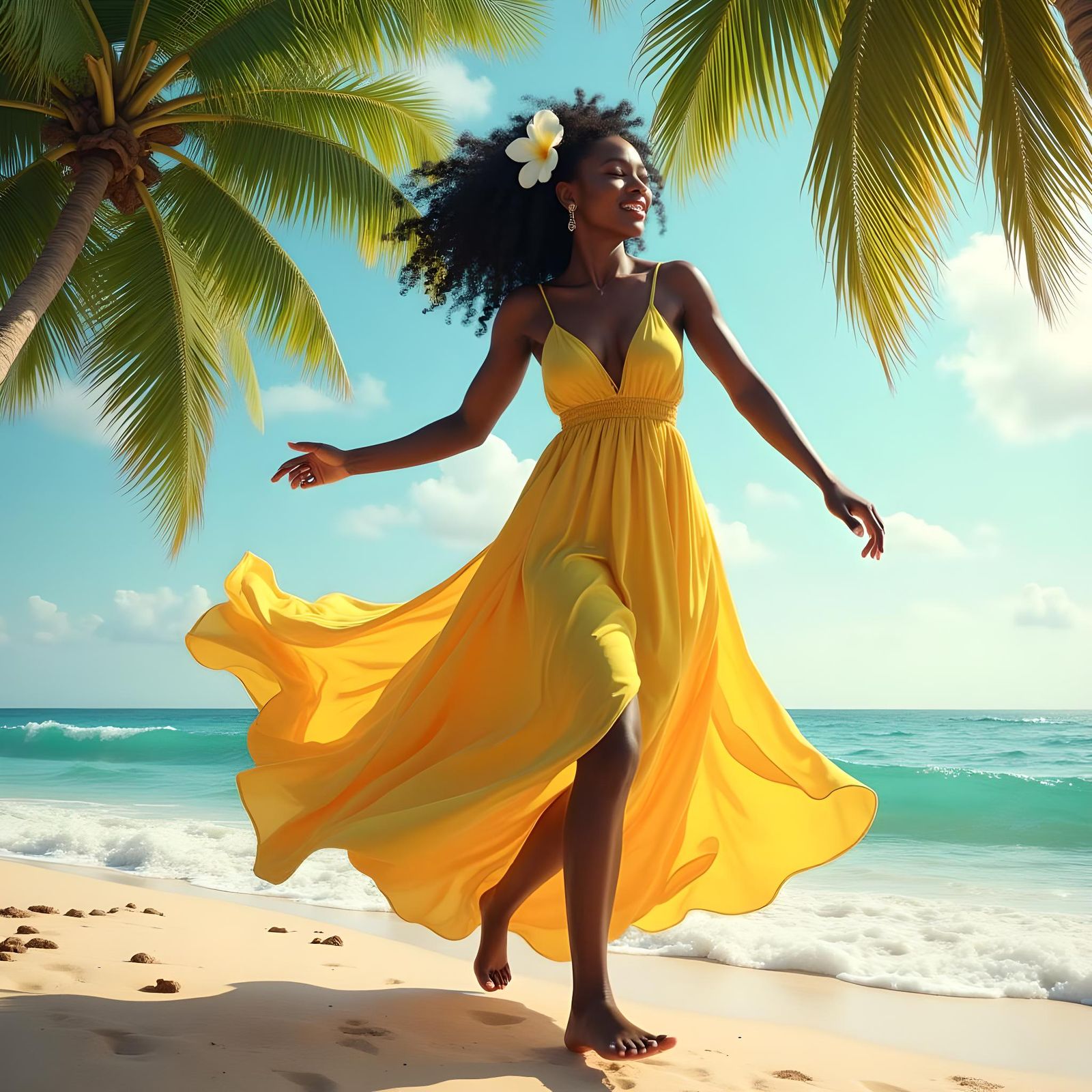 Ebony Woman Dancing on Seashore: A Realistic Image