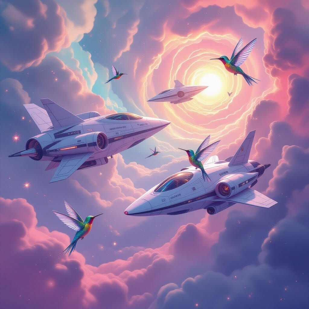 Papercraft Spacecraft in Pastel Nebula with Hummingbirds