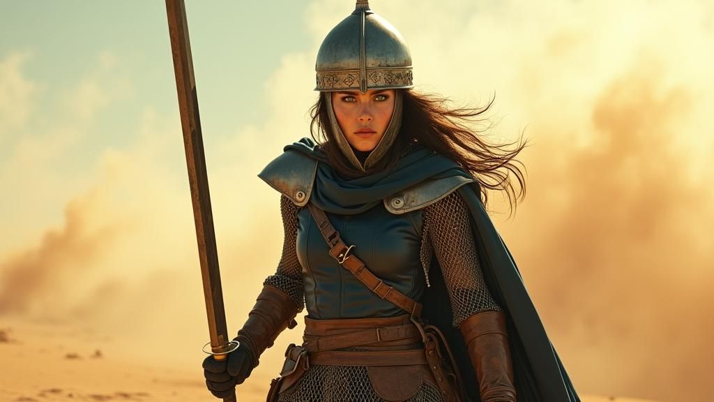 Fierce Warrior in Desert Sandstorm: Cinematic Film Still