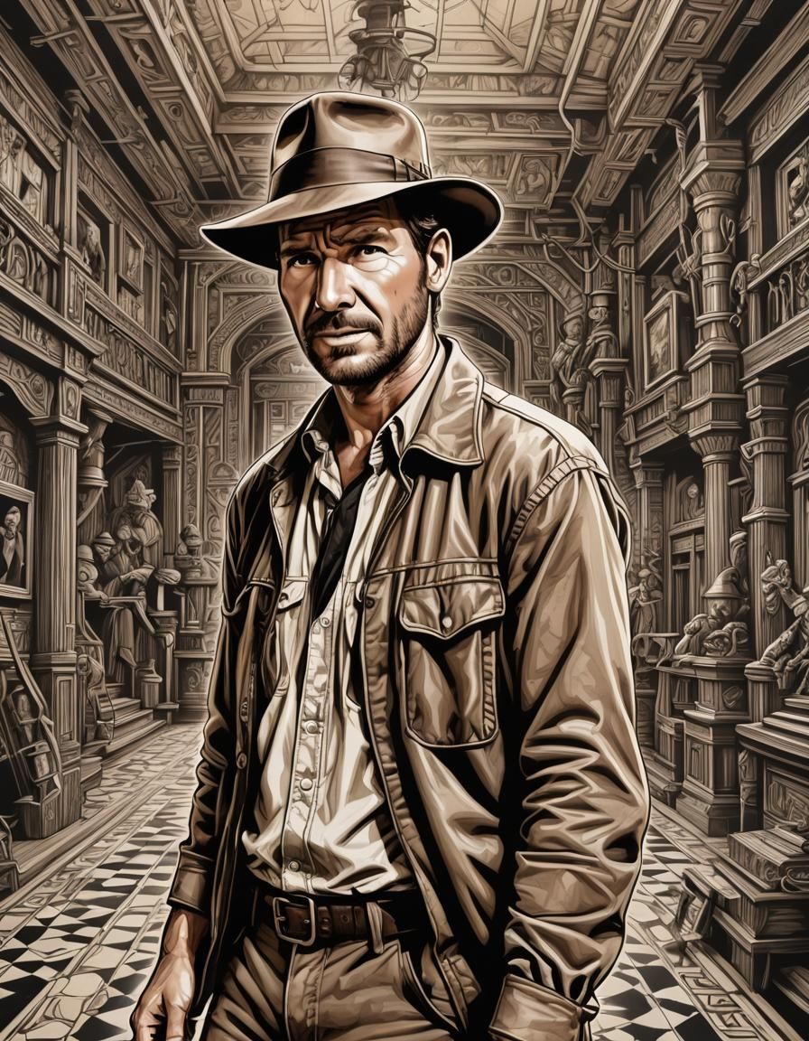 Indiana Jones Illustration in Renaissance Op Art Style