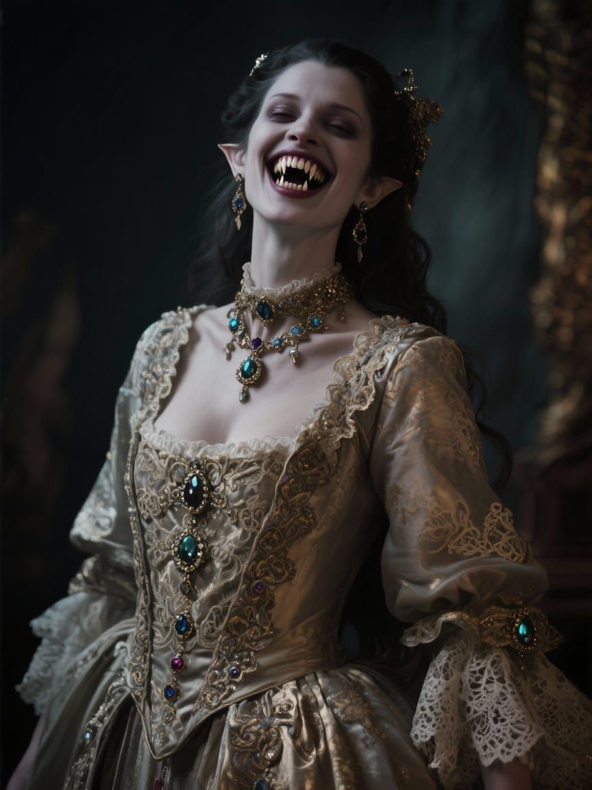 Vampire Woman Laughing in 1700s Gown, Photorealistic Style