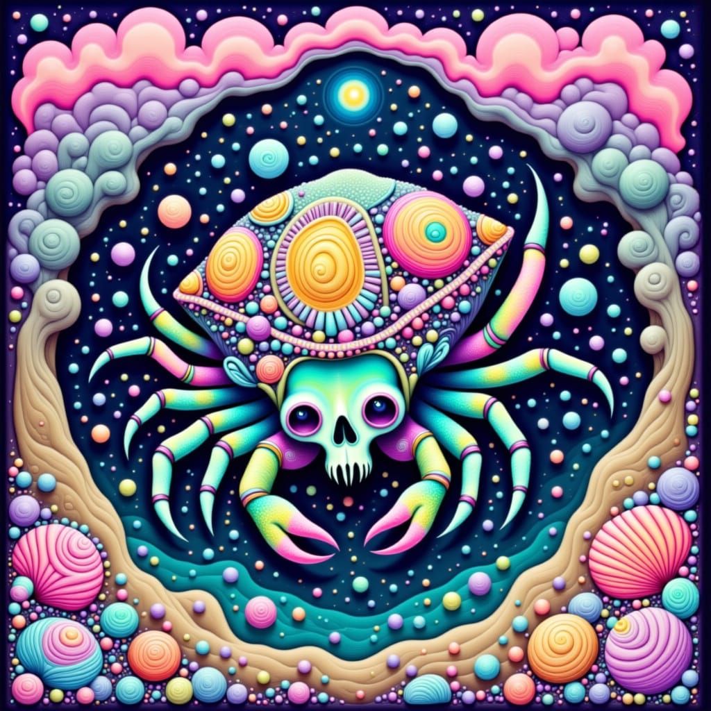 Hermit Crab in Psychedelic Skull Shell on Beach