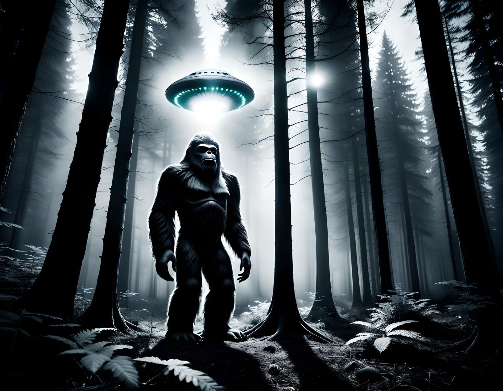 Ominous Alien Bigfoot and UFO in Dark Forest