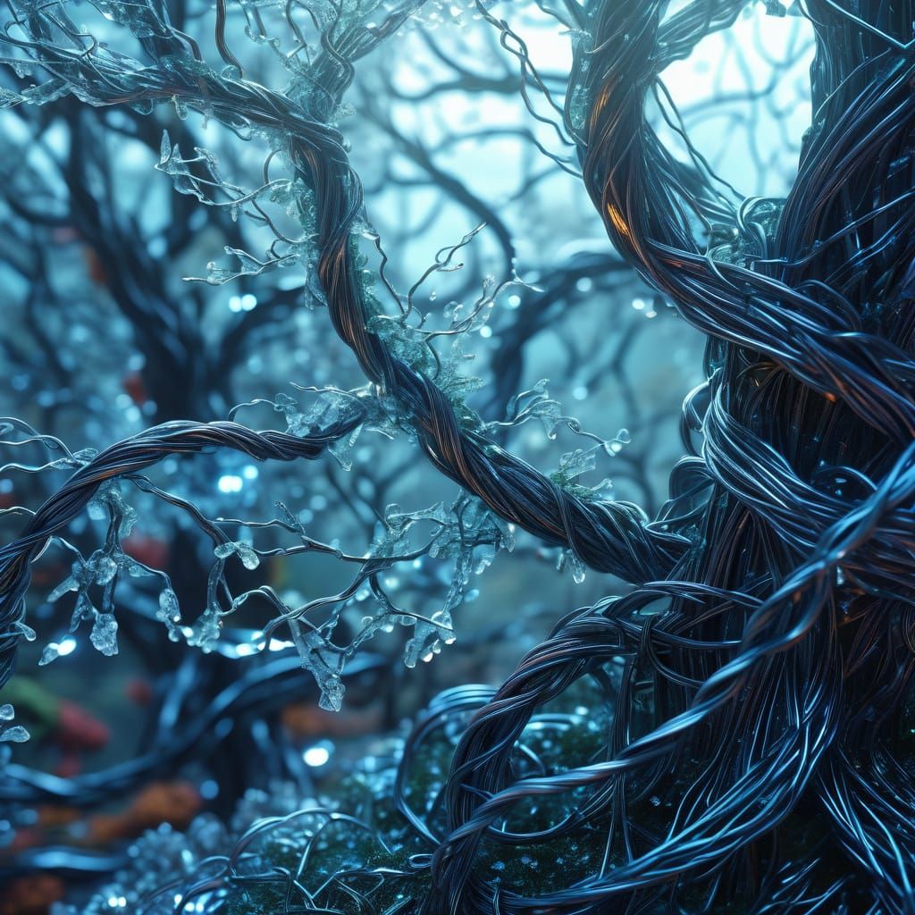 Intricate Wire Tree in Vibrant Crystal Forest