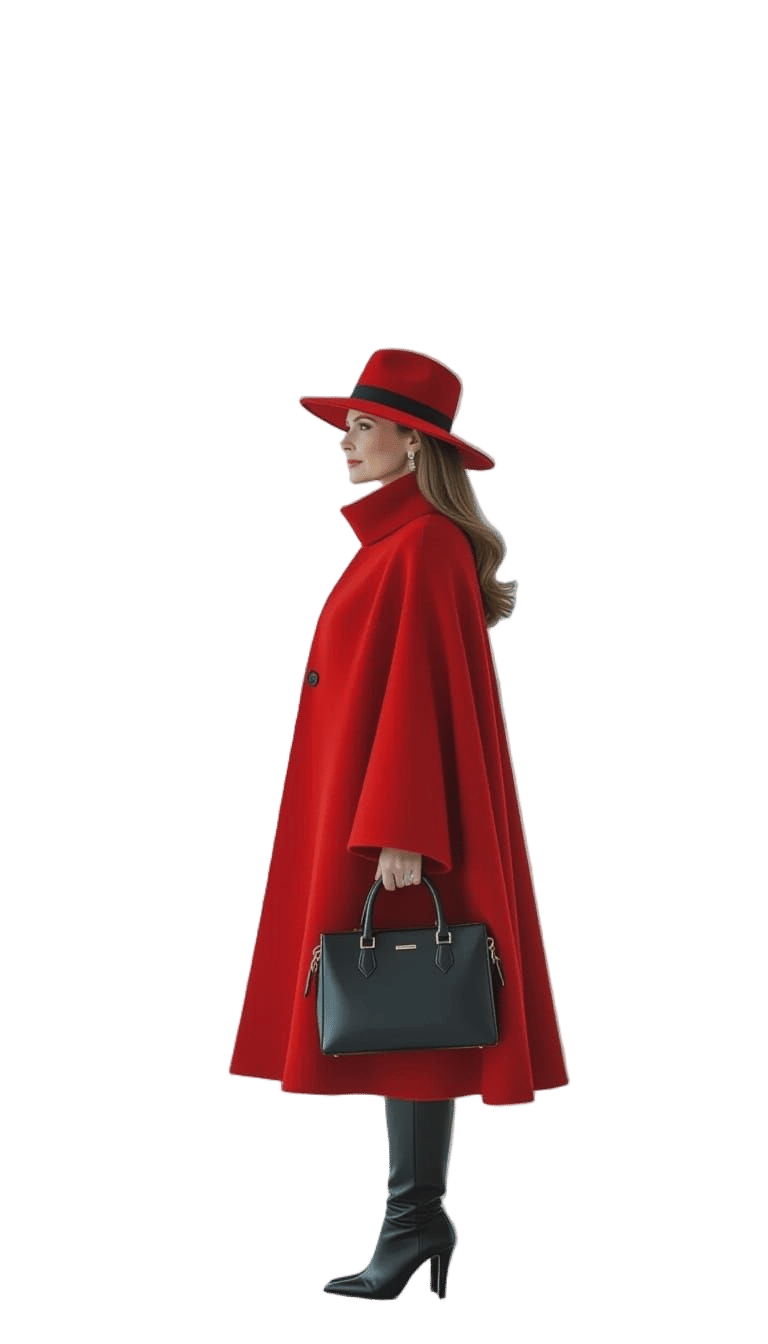 Elegant Woman in Red Cape at Modern Airport Terminal