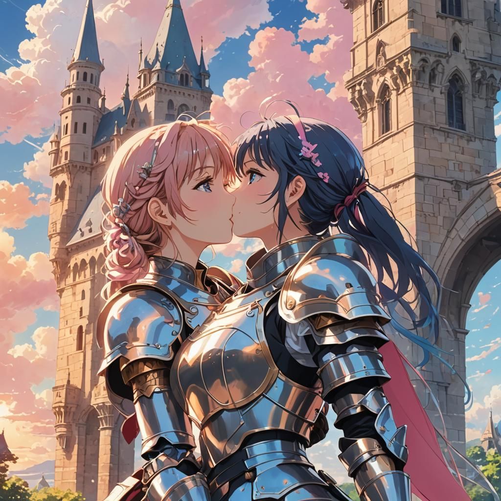 Anime Girls Kissing in Armor on a Tower