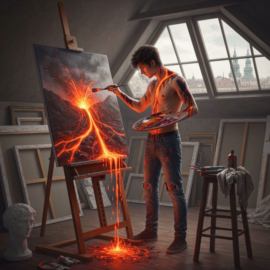 Artist Painting Lava Flows in Oil Texture