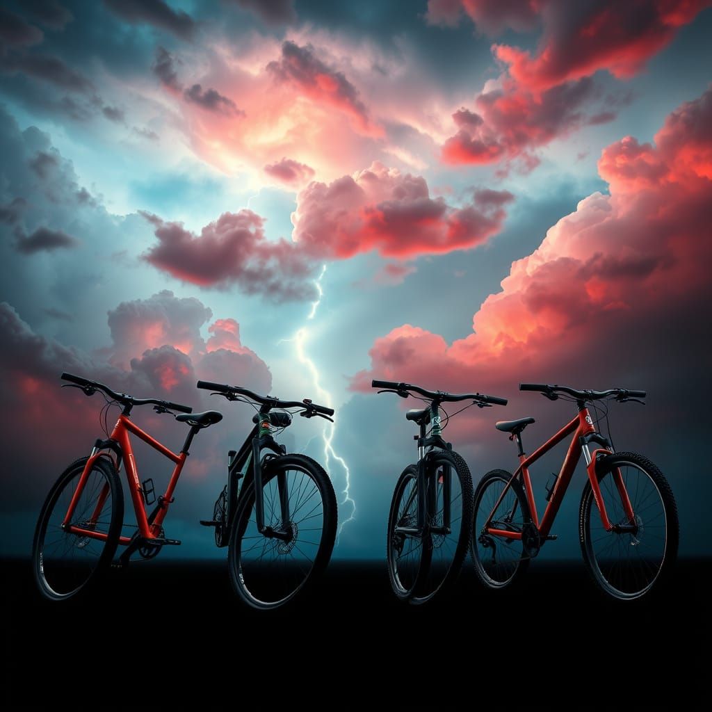 Vibrant Red and Blue Storm Illuminates Futuristic Bicycles