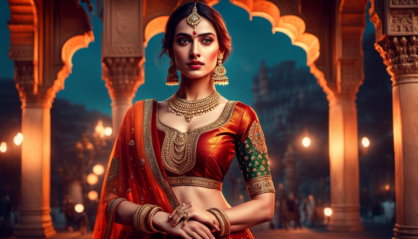 European Girl in Indian Party Outfit: Photorealistic Fashion