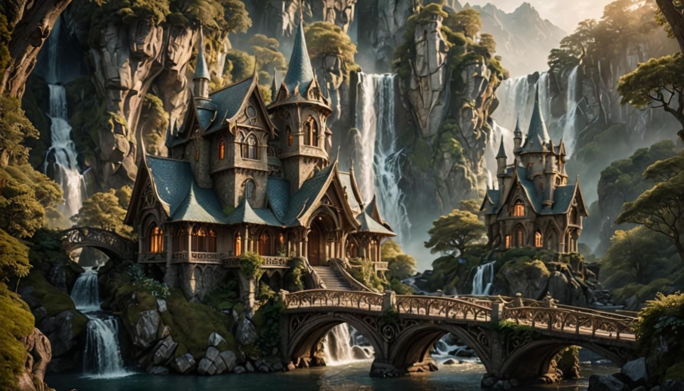 Majestic Elven Sanctuary at Waterfall: Fantasy Architecture