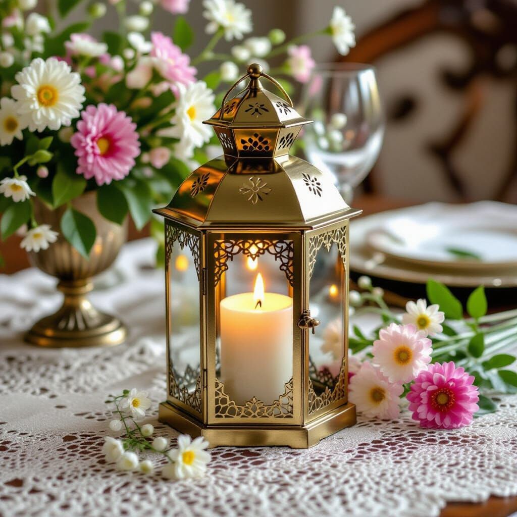 Brass Lantern and Flowers in Impressionistic Style