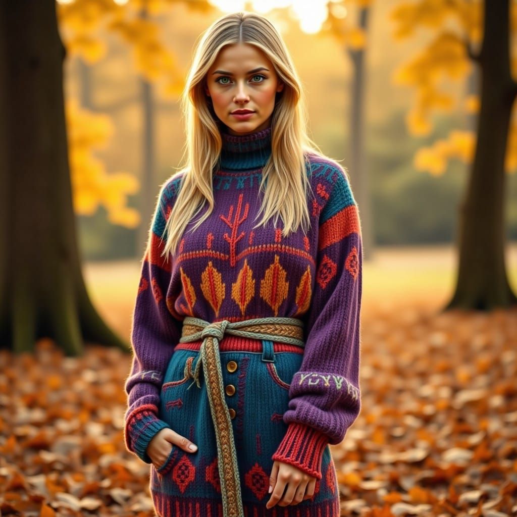 Woman in Enchanted Forest Wearing Hand-Knitted Autumn Sweate...