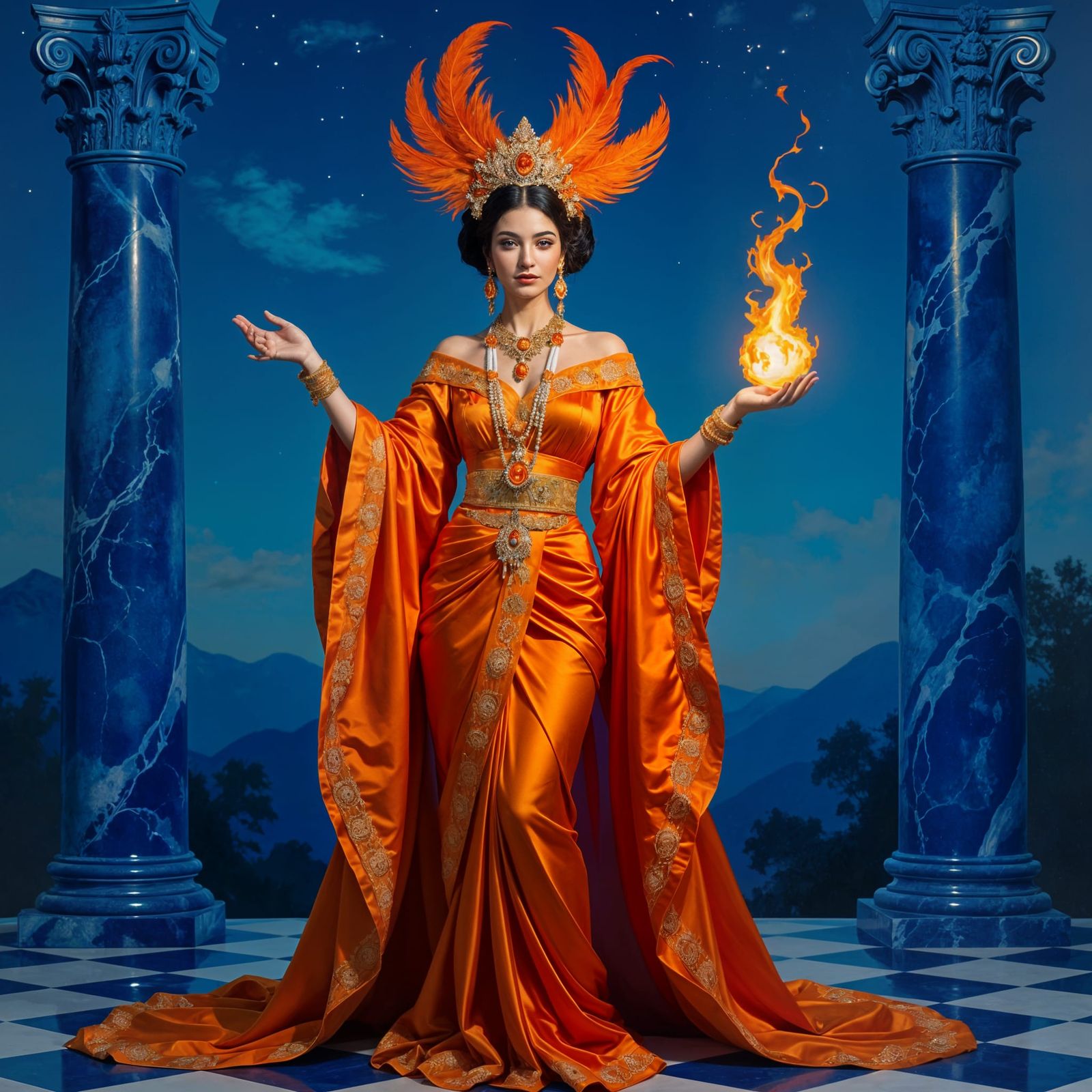 High Priestess Portrait with Fire, in Oil Painting Style