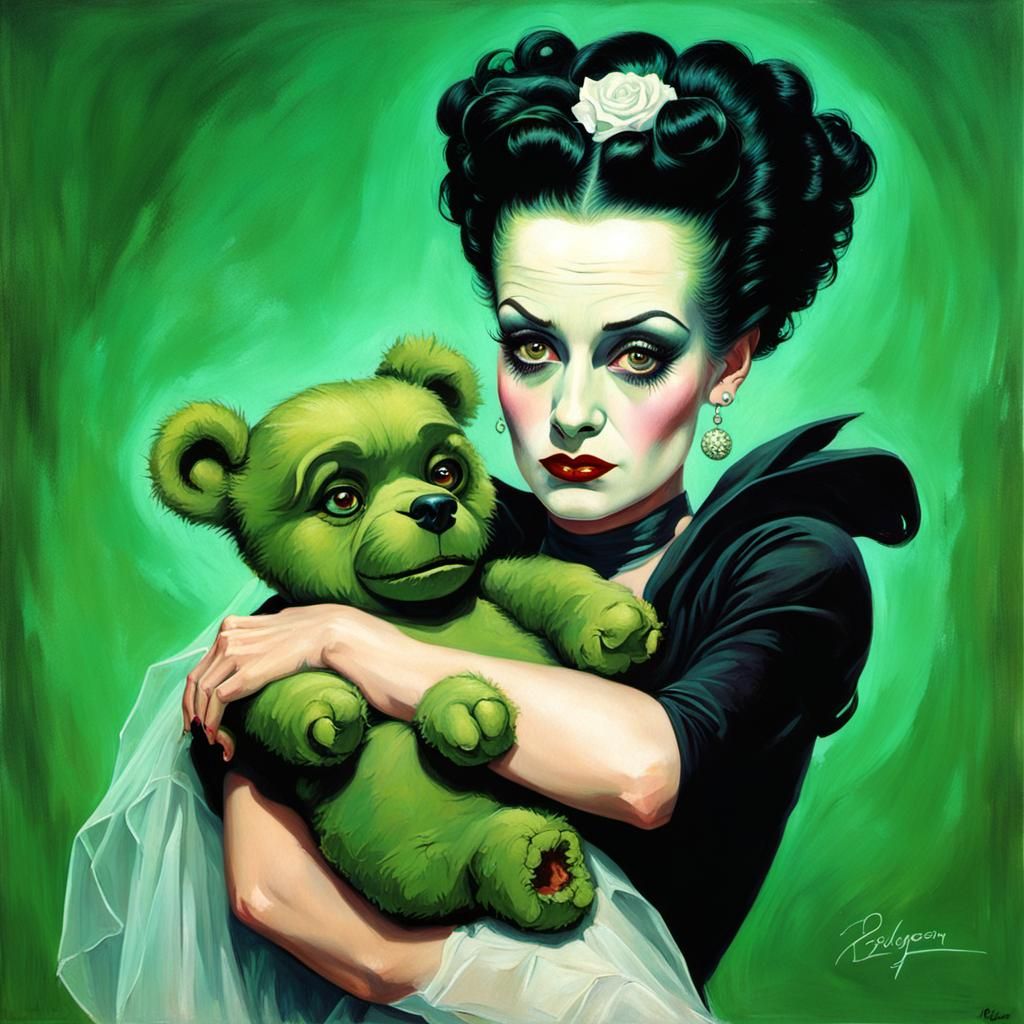 Bride of Frankenstein Pin-Up with Teddy Bear