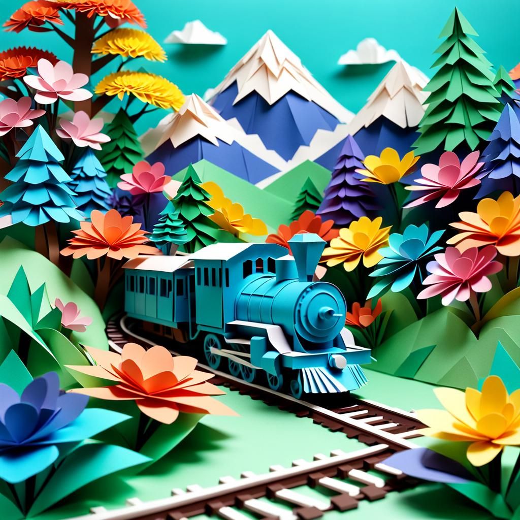 3D Kirigami Train with Flowers in Origami Style