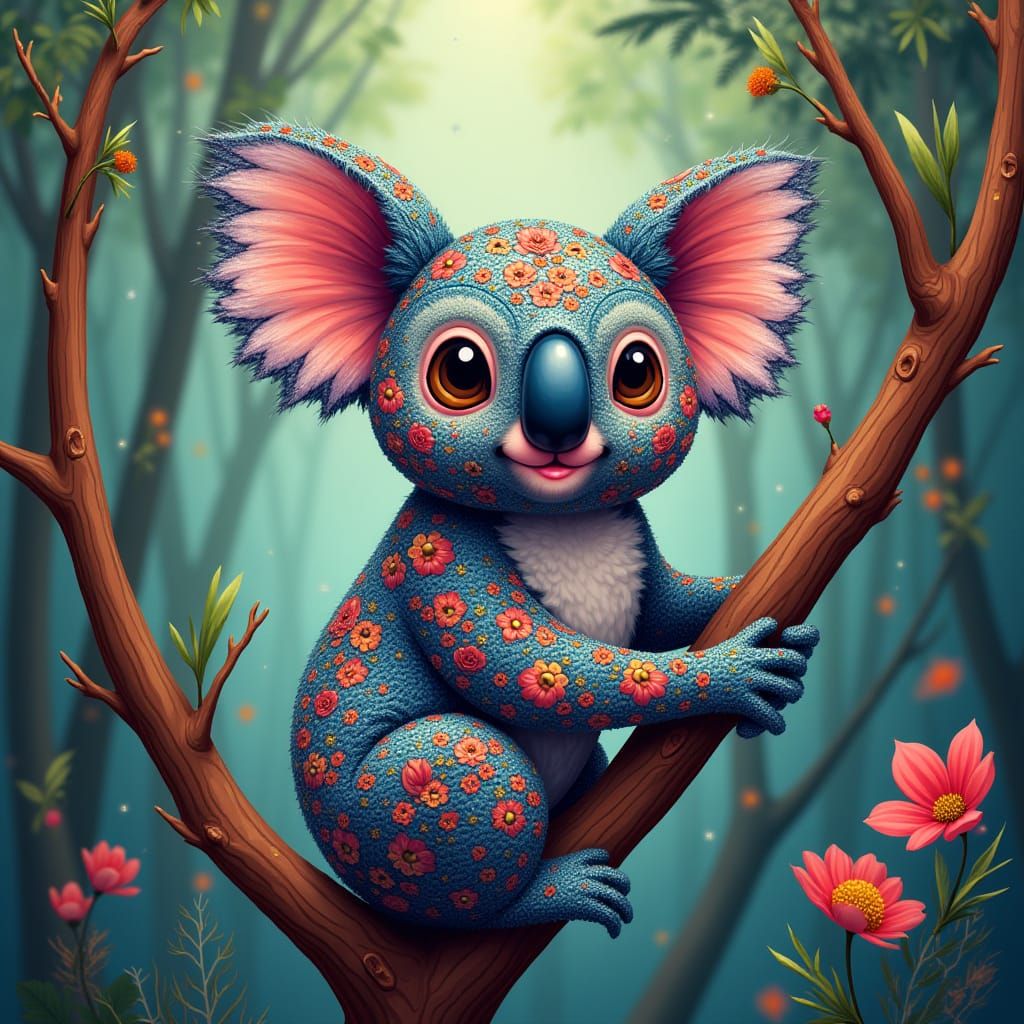 Butterfly Koala in Lush Forest, Playful Cartoon Style
