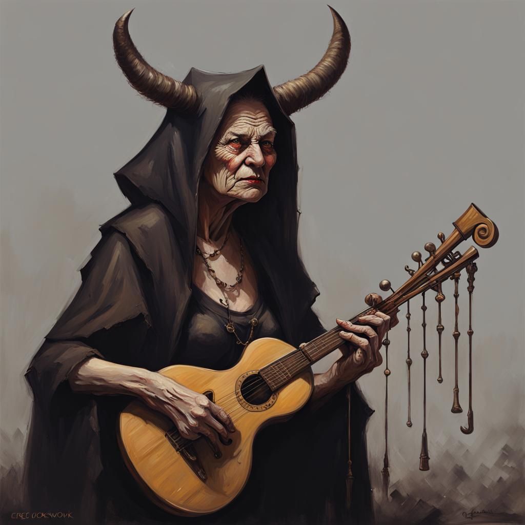 Sinister Horned Witch with Musical Instrument
