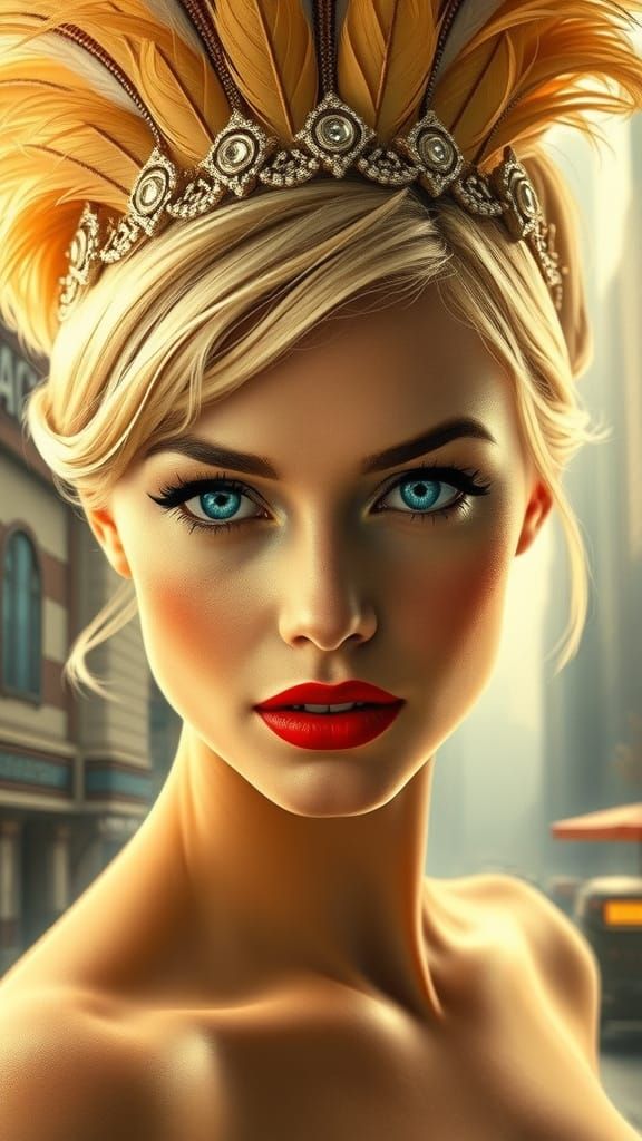Blonde Woman with Blue Eyes in Art Deco Cityscape