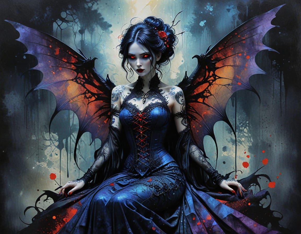 Seductive Dark Fairy with Poisonous Bat, Ethereal Wings, and...