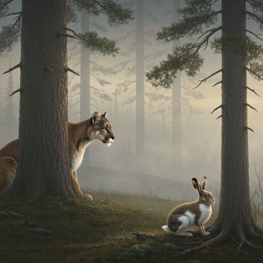 Mountain Lion Stalks Hare in Foggy Forest