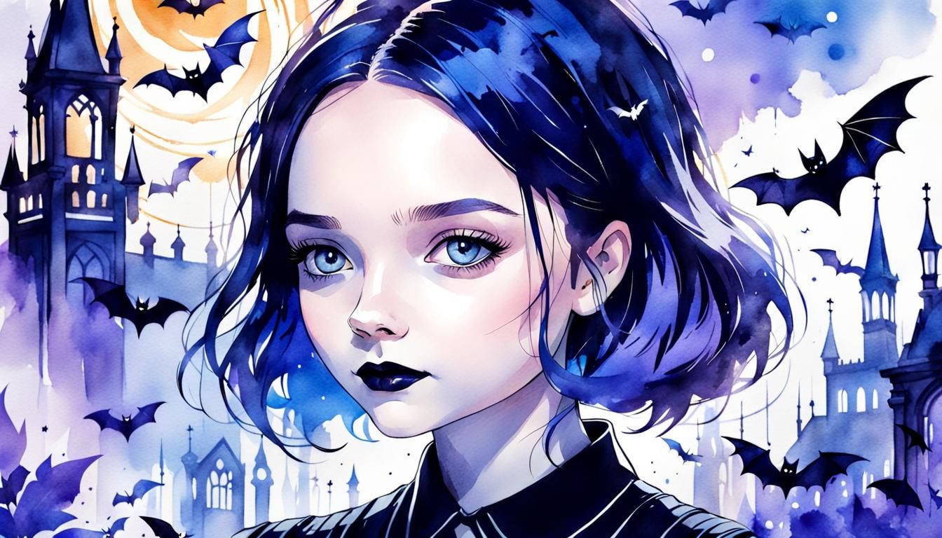 Wednesday Addams Fashion Sketch with Watercolor Elements