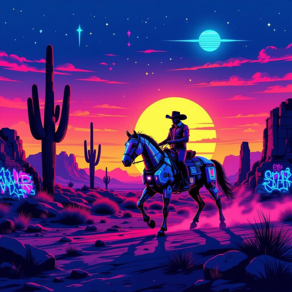 Cowboy Rides Robotic Horse in Neon Desert