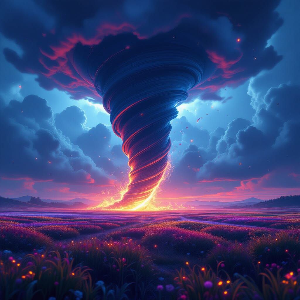 3D Tornado Over Glowing Fields in Dramatic Skies