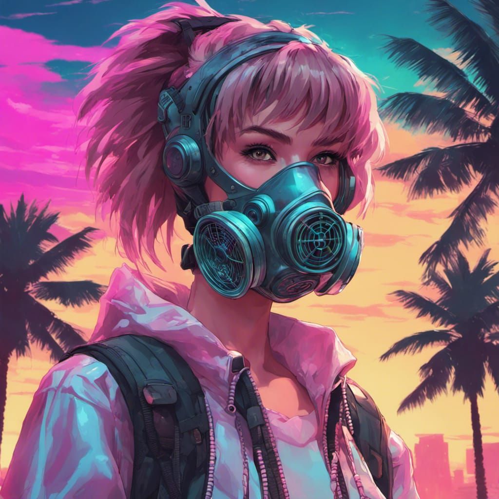 Anime Girl with Gas Mask in Cyberpunk Vaporwave Style