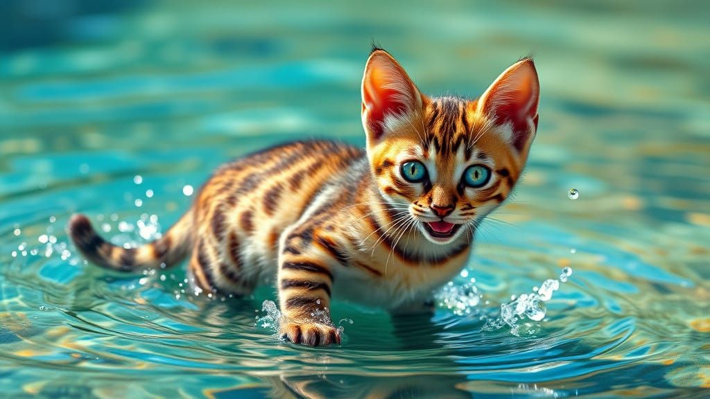 Bengal Kitten Stands Resolute in Turquoise River