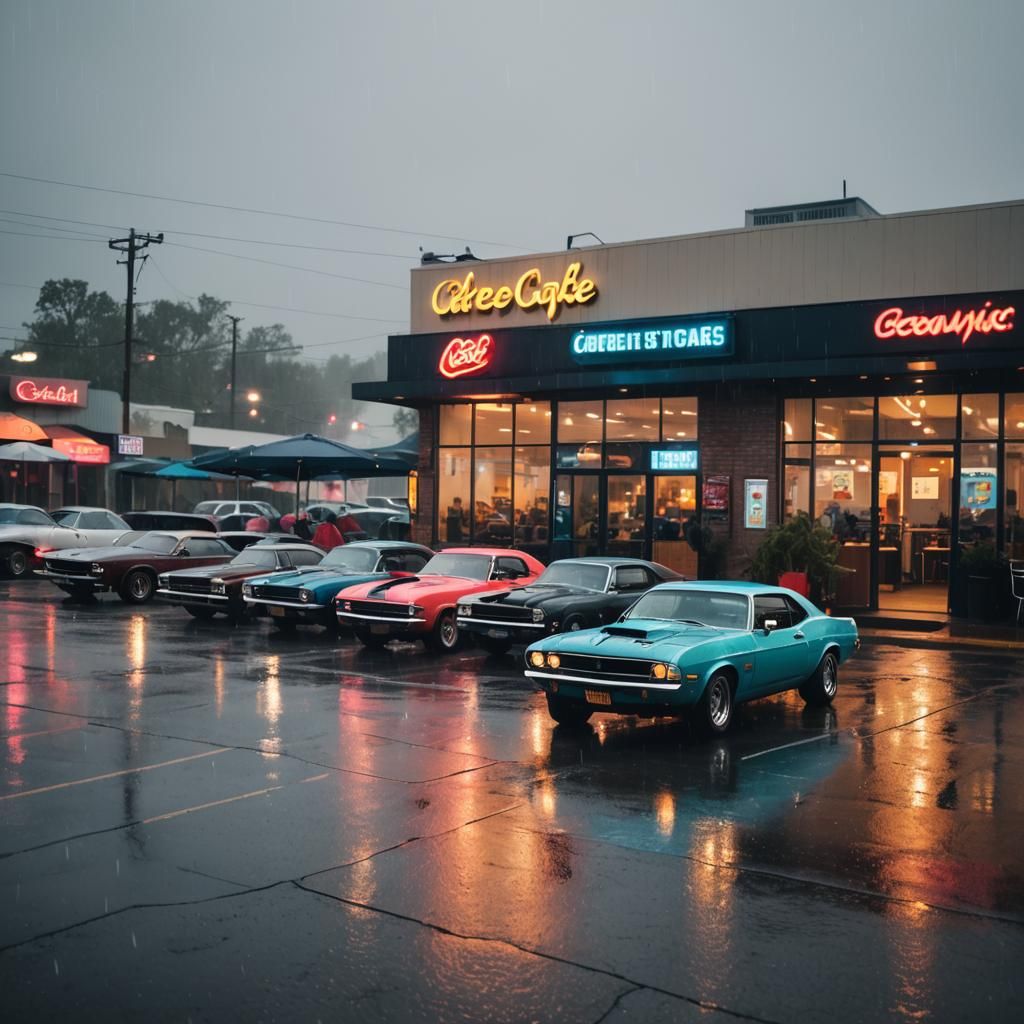 Neon Cafe with Muscle Cars in Rain