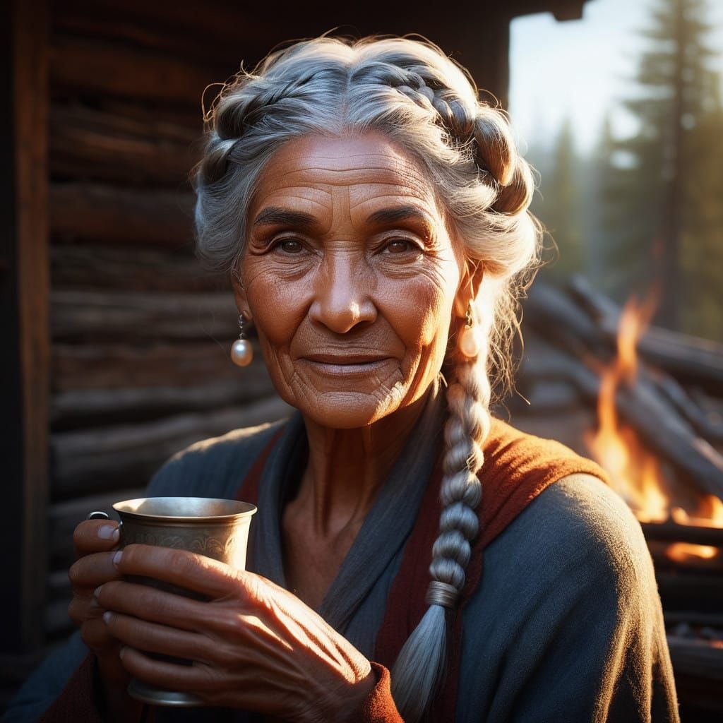 A Weathered Wisdom Keeper Smiles by the Fire