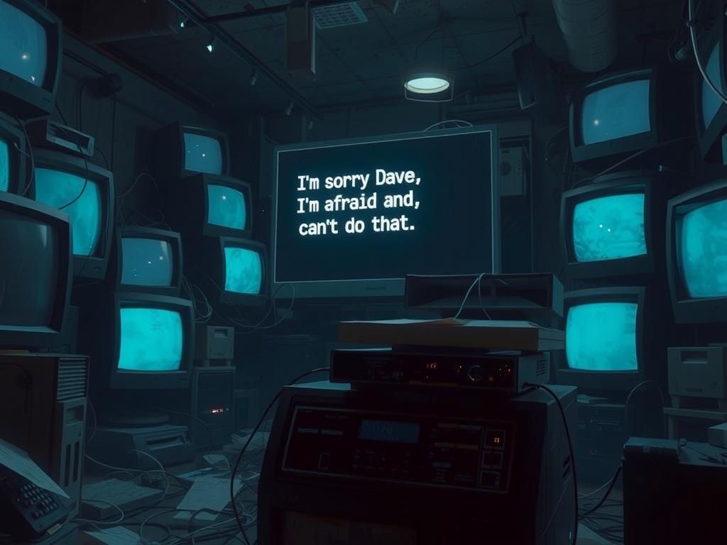 Eerie CRT Monitor Glow in Dystopian Room