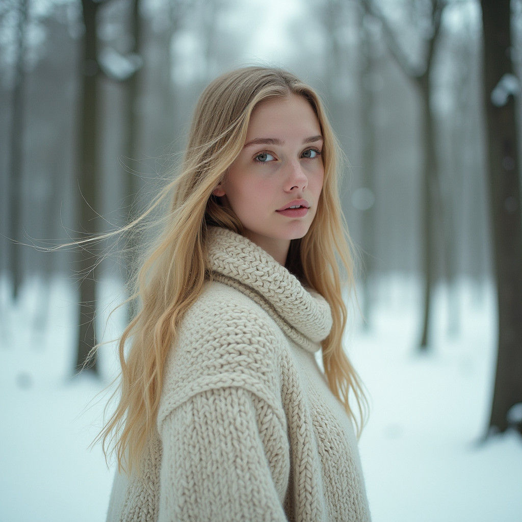 Nordic Woman in Winter Forest, Ethereal Light