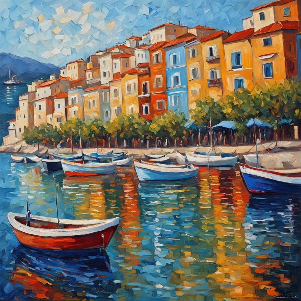 Neo-Impressionist Oil Painting of Kavala Harbor