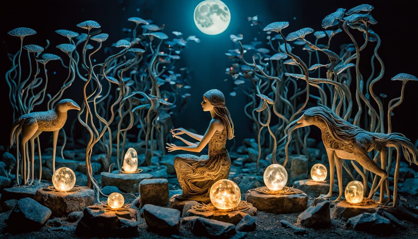 Surreal Moonlit Sculpture of a Woman Amidst Whimsical Creatu...