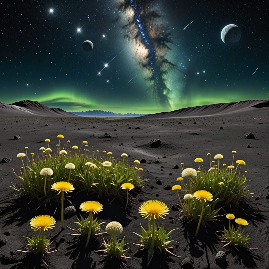 Dandelions on the Moon in a Starry Sky