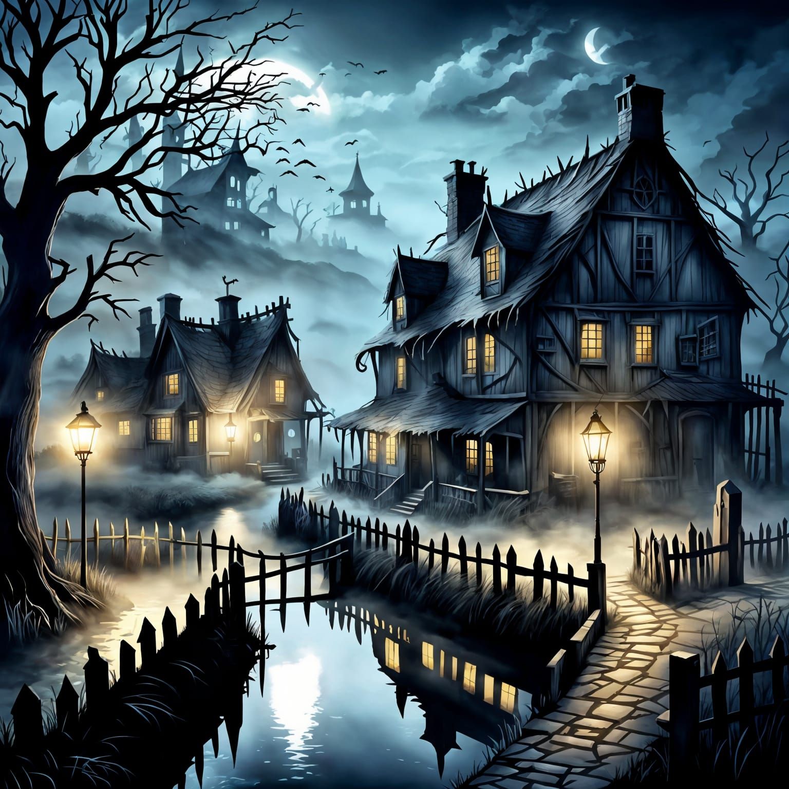 Eerie Haunted Village in Misty Moonlight