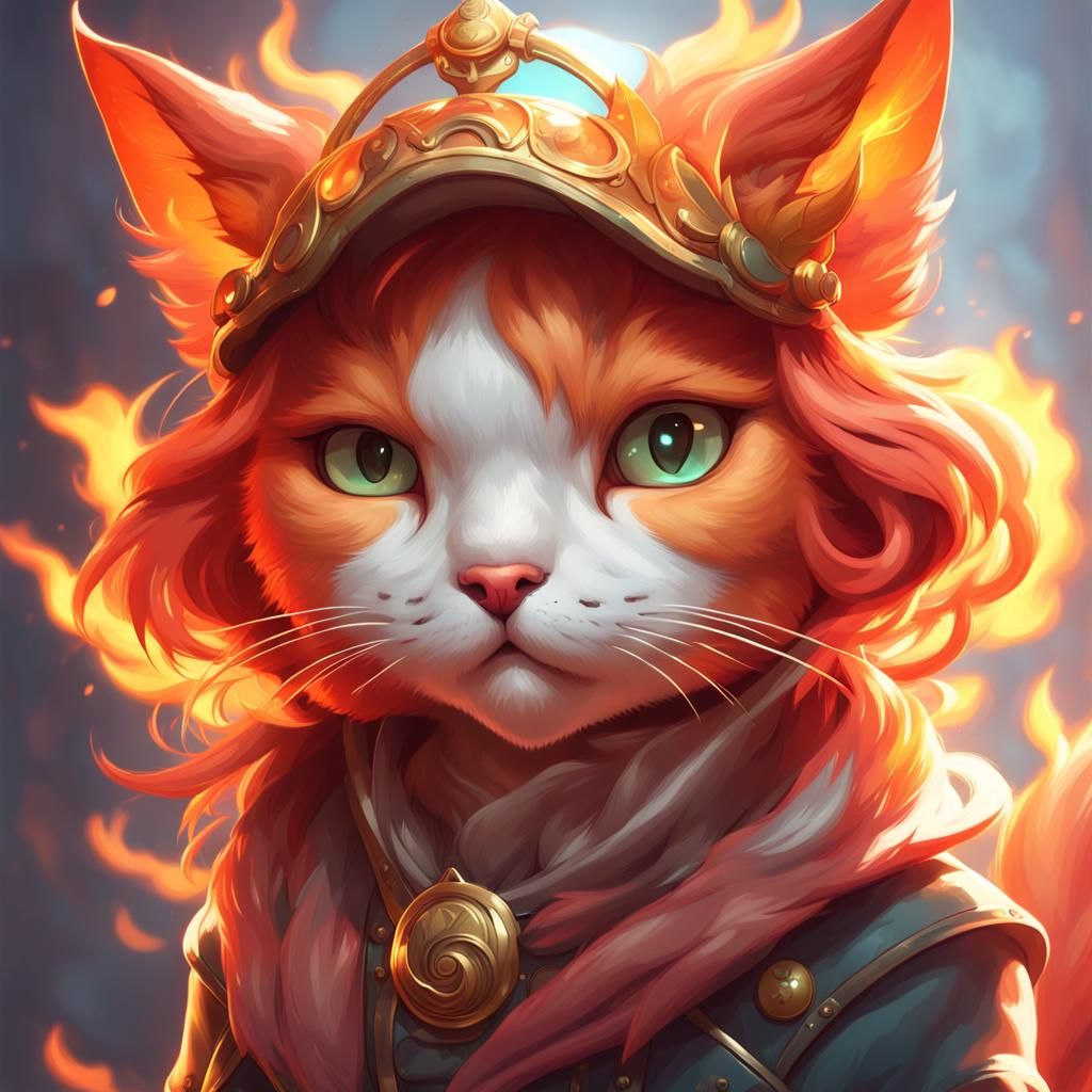 Hyperdetailed Fire Cat Portrait in Triadic Colors