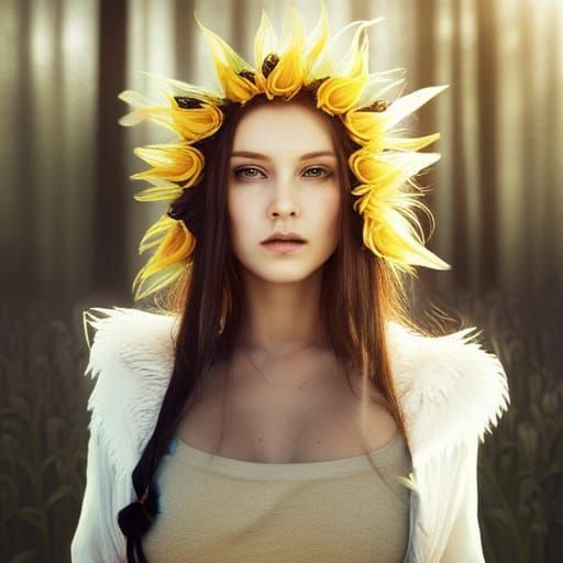 Woman in Sunflower Wreath in Birch Forest