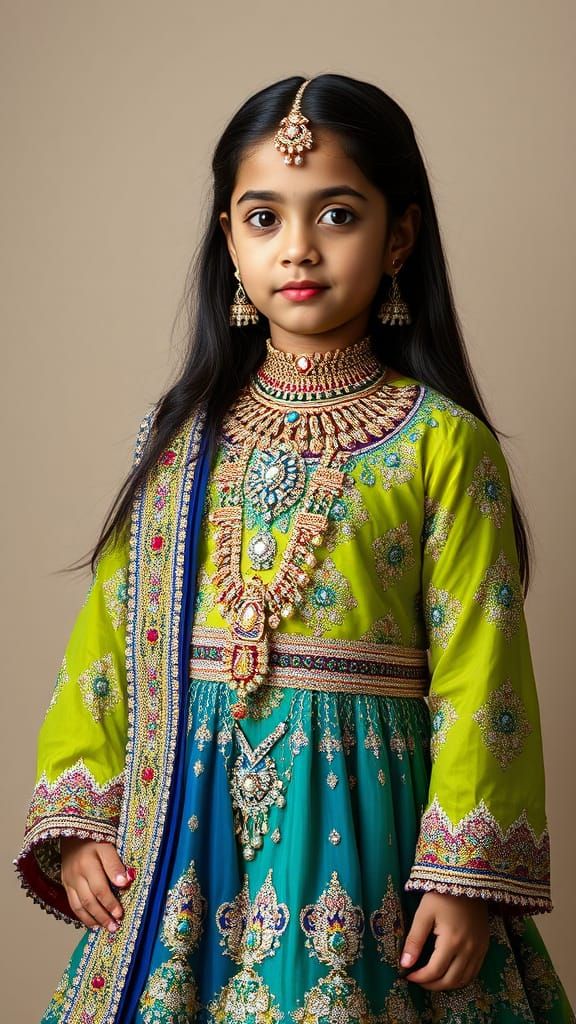 Young Girl in Opulent Eid Attire with Intricate Stone Work a...