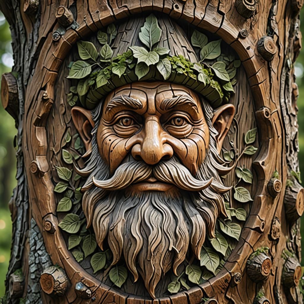 Gnome Face Bas-Relief Carving on Tree