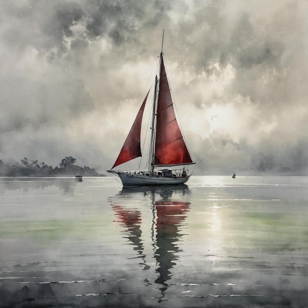 Monochromatic Tonalist Watercolor Seascape of a Sailboat