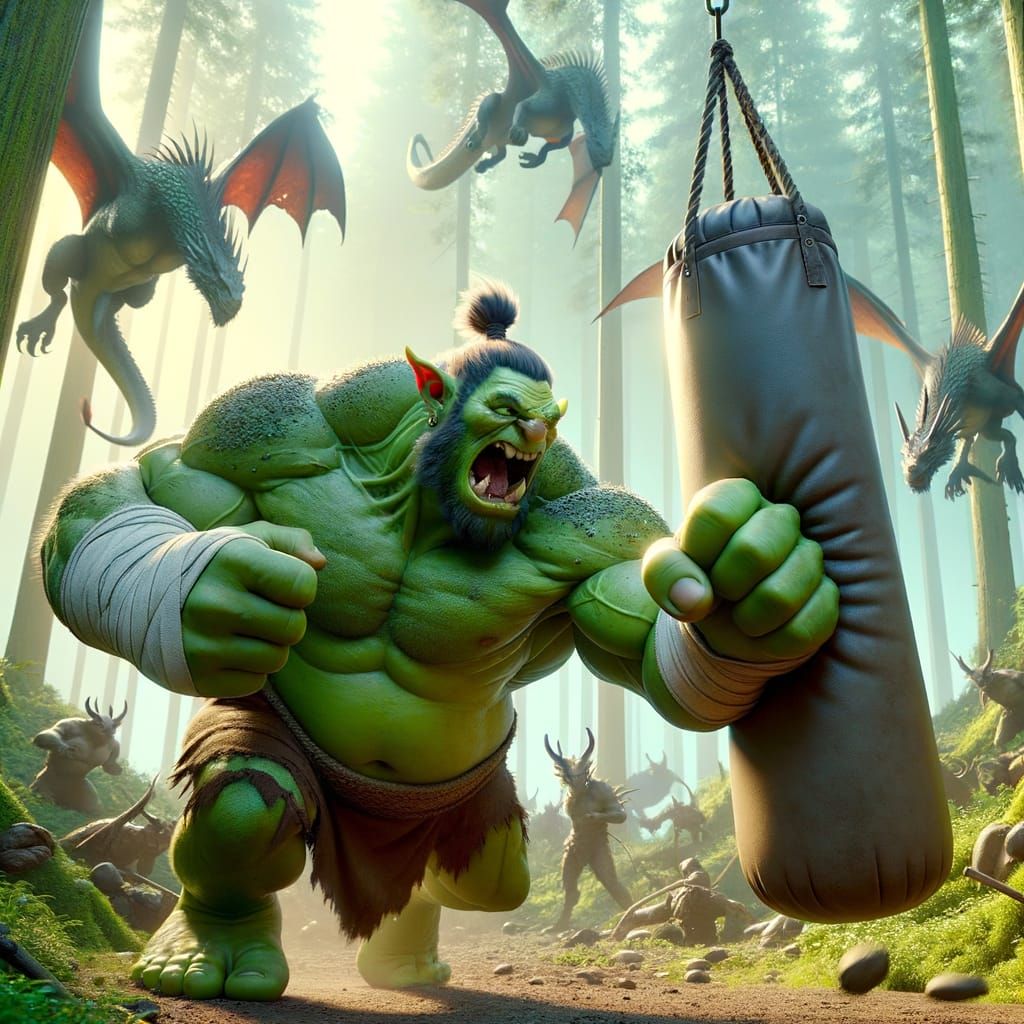 Ogre Punches Dragon-Filled Forest in 3D Digital Art